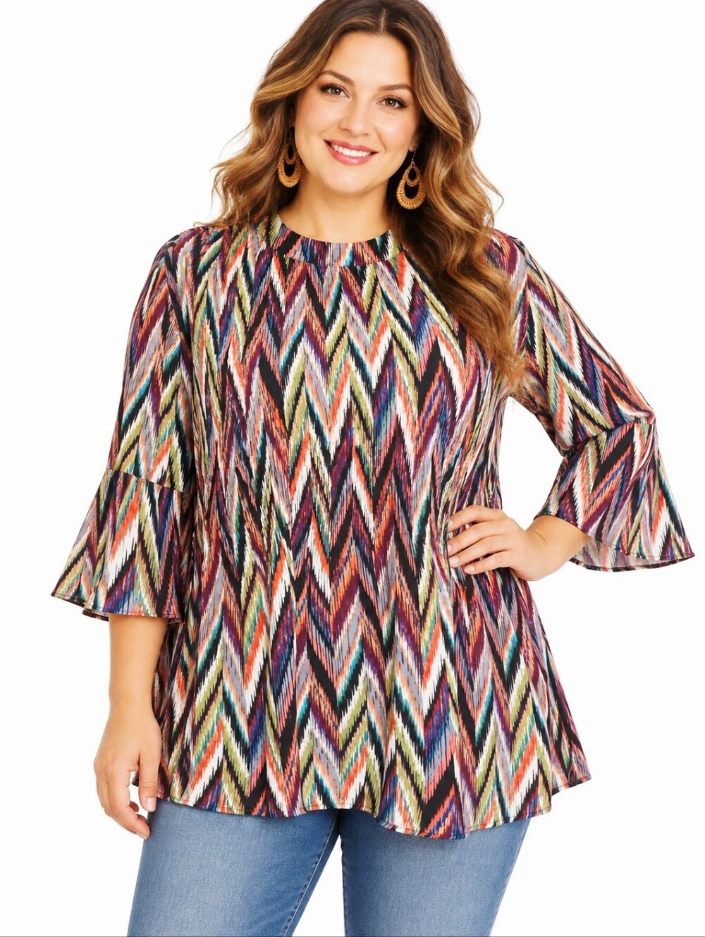 Spense Multi-Color Chiffon Blouse with Bell Sleeves, Size XL